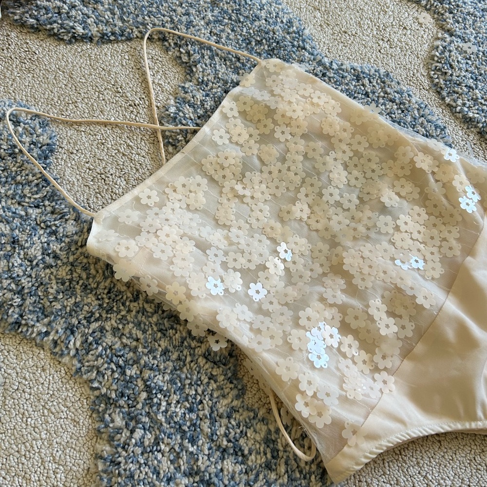 Zara, ivory flower sequin bodysuit tops